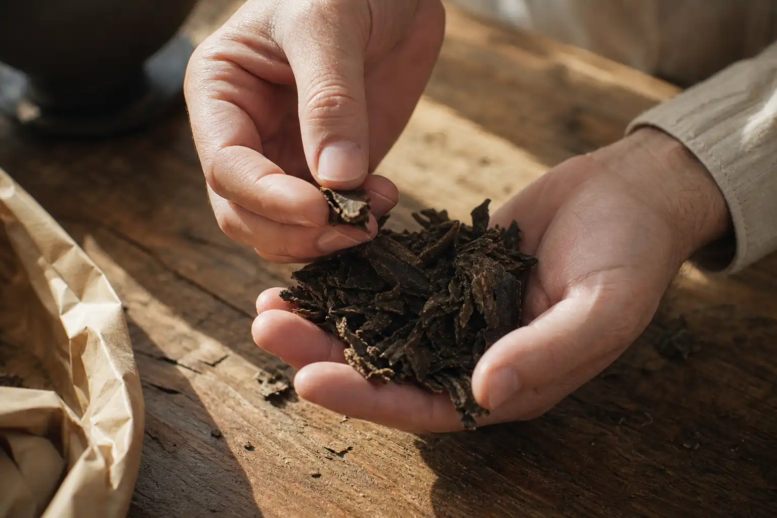 Des mains manipulent un objet, autour de france soumet conseil, près d'une table en bois.