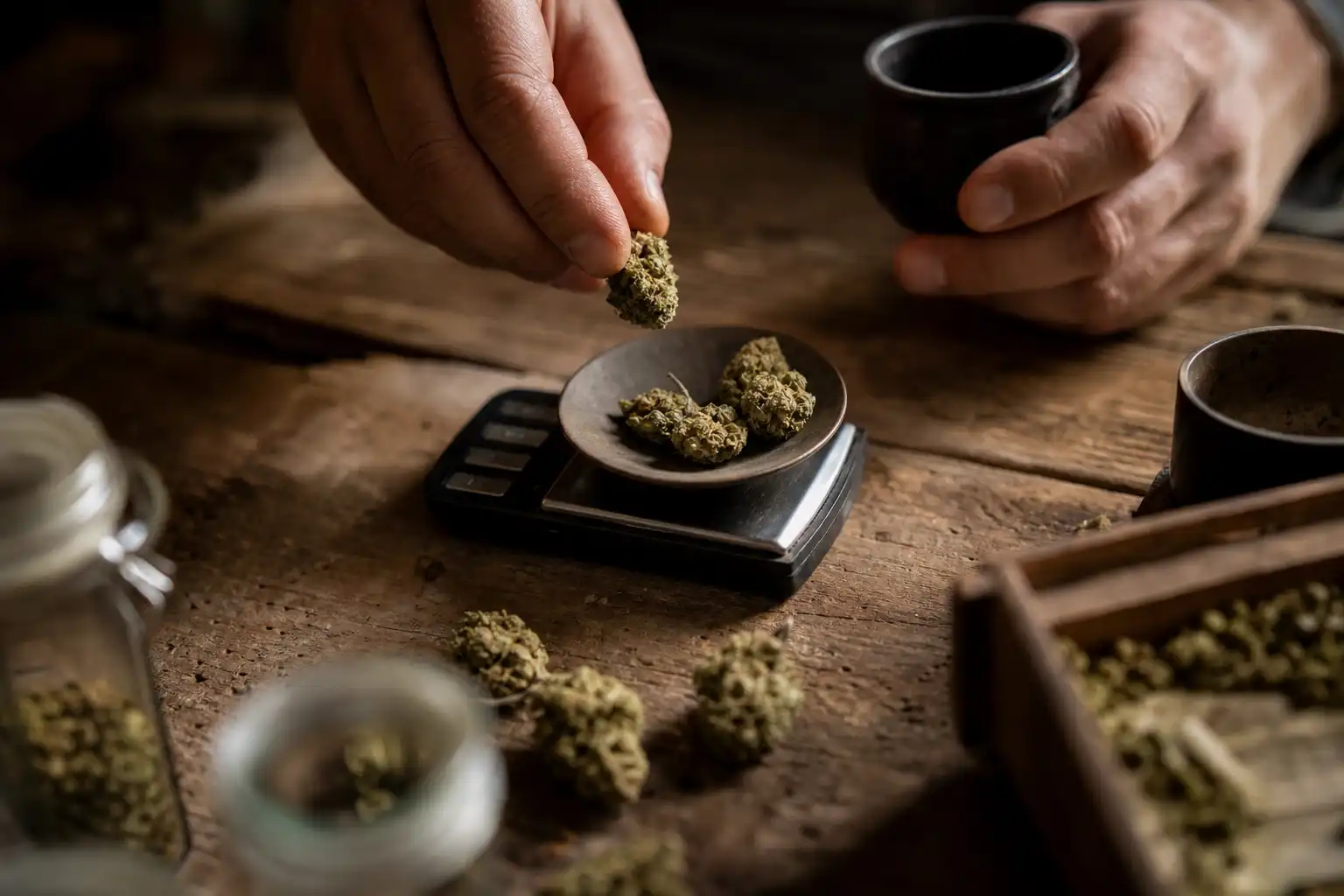 Des mains dosent quelque chose, autour d'actualités cbd moment, dans un atelier.