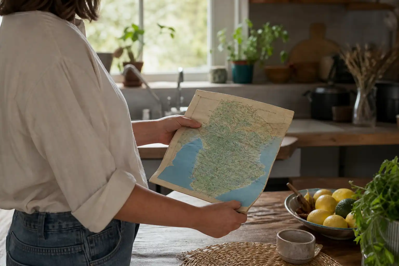 Quelqu'un examine un objet, autour d'uruguay souhaite intégrer, dans une cuisine.