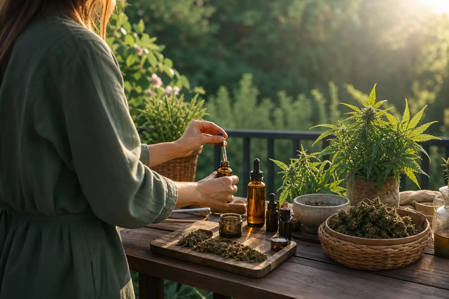 Quelqu'un prépare quelque chose, autour de santé cbd effets, dans un jardin.